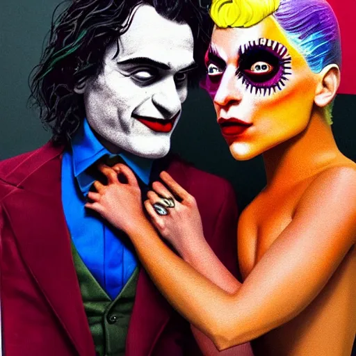 Image similar to ilya yefimovich repin and mimmo rottela as joaquin phoenix skinny joker holding hand lady gaga harley queen, ultra photorealistic, intricate details, pop art style, concept art, confident posse, random object details, 3 colours, warm color, 4 k, ultra smooth, sharp focus