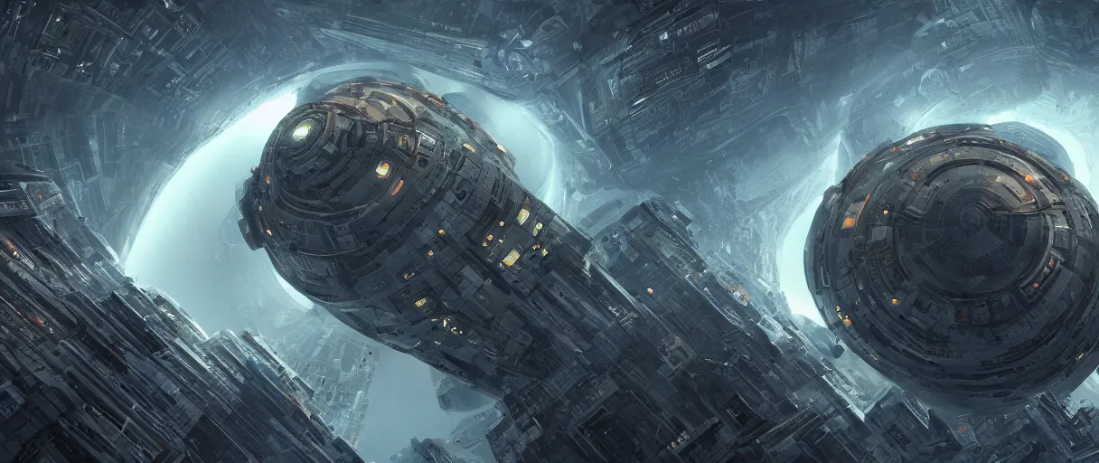 Prompt: concept art, a single huge mothership, the fifth element, a taxi ship traveling to new worlds, deep space exploration, the expanse tv series, industrial design, dynamic angle, motion, spatial phenomena, cinematic lighting, 4k, greebles, widescreen, wide angle, beksinski, sharp and blocky shapes, multipass