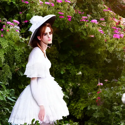 Image similar to wearing raybands full body fashion model emma watson smokey eyes makeup eye shadow fantasy, glow, shimmer as victorian woman in a long white frilly lace dress and a large white hat having tea in a sunroom filled with flowers, roses and lush fern flowers ,intricate, night, highly detailed, dramatic lighting , high quality