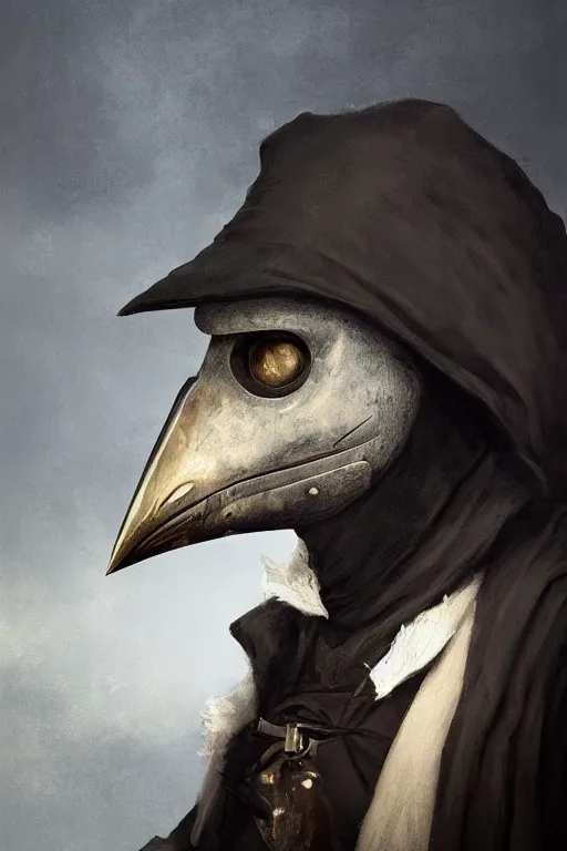 Image similar to A fancy portrait of a 1300's Plague Doctor with a beak mask by Greg Rutkowski, Sung Choi, Mitchell Mohrhauser, Maciej Kuciara, Johnson Ting, Maxim Verehin, Peter Konig, Bloodborne, 8k photorealistic, cinematic lighting, HD, high details, dramatic, dark atmosphere, trending on artstation