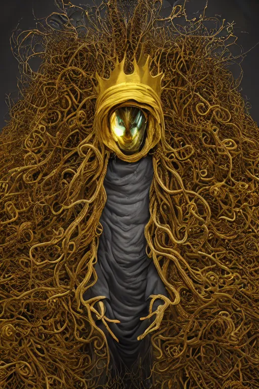 Image similar to A full body portrait of a mysterious character with no face with a very long hooded yellow cloak, a golden crown floating above his head tentacles coming out the ground art by Lee Griggs and Jason Chan, ominous, cosmic horror, trending on artstation, Ultra detailed, hyper realistic 4k