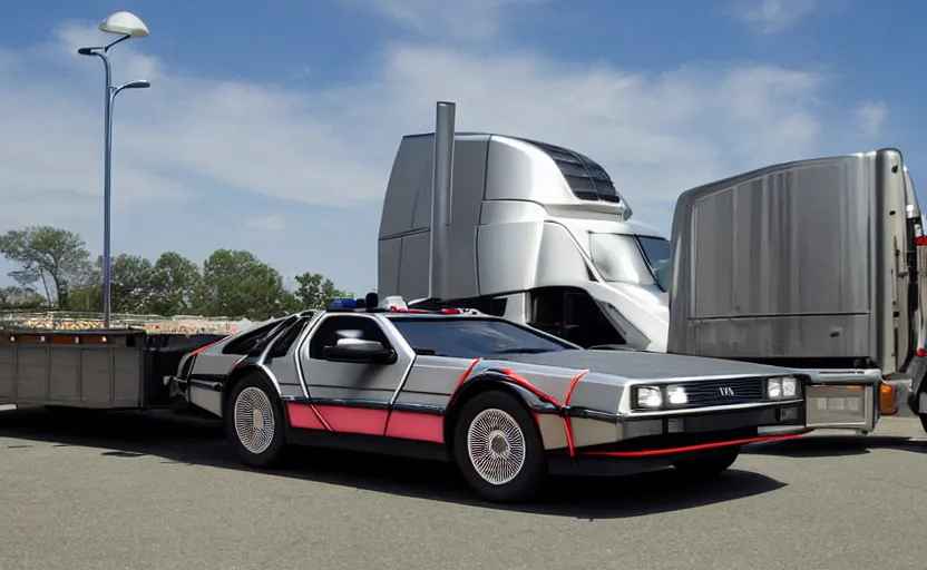 Image similar to a time-traveling delorean styled semi truck with trailer