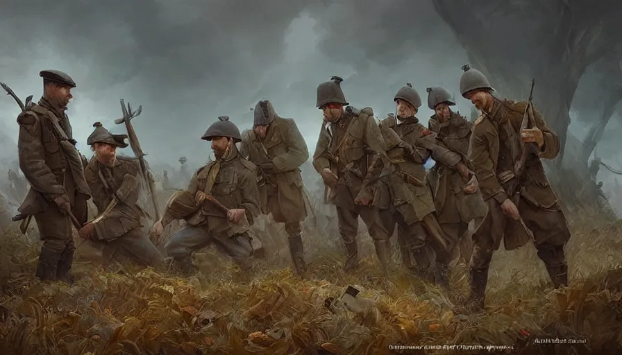 Image similar to beautiful digital painting of a group of barley surviving soldiers in a trench waiting for the war to end. cinematic lighting and rendering, atmospheric, concept art by artgerm and greg rutkowski,,