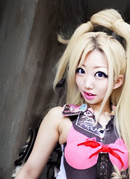 Prompt: a film still of junko enoshima, a japanese gyaru model with thick blonde pigtails, blue eyes, and gyaru fashion, villianess, fashion photography