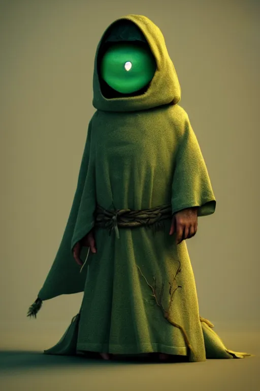 Image similar to A cute shaman with no nose, glowing eyes and a very long hooded dark green cloak of leaves by Julien Kaspar, 3D render, stylized, Cycles Render