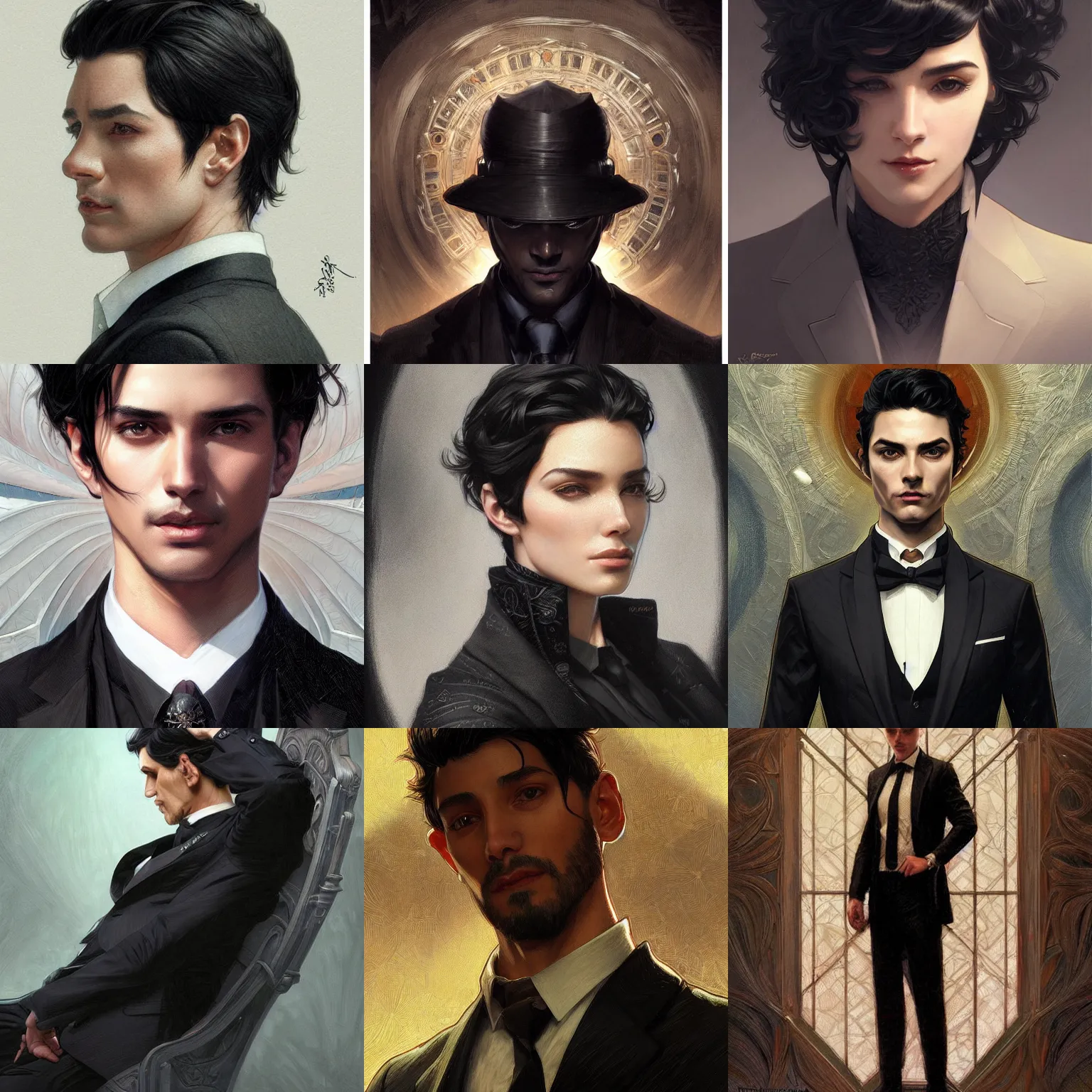 Prompt: portrait of a man, short black hair, black suit, fantasy, intricate, elegant, highly detailed, digital painting, artstation, concept art, smooth, sharp focus, illustration, art by artgerm and greg rutkowski and alphonse mucha