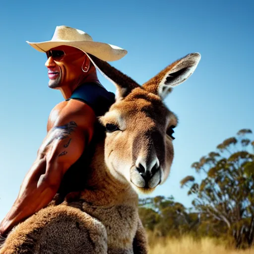 Prompt: dwayne johnson riding on the back of a kangaroo, he is wearing a safari outfit and a pith hat, studio photography, 8 k