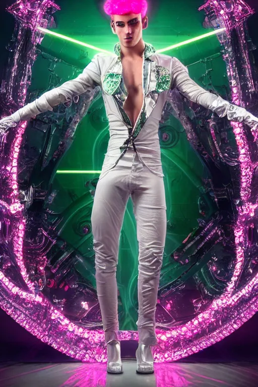 Prompt: full-body rococo and cyberpunk style crystal quartz sculpture of a young handsome seductive Puerto Rican android gogo boy reaching for the sky, glowing pink laser eyes, crown of white gears and diamonds, swirling green-colored silk fabric. futuristic elements. full-length view. intricate artwork by caravaggio. Trending on artstation, octane render, cinematic lighting from the right, hyper realism, octane render, 8k, depth of field, 3D