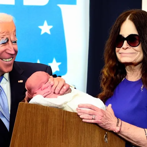 Image similar to Joe Biden and Ozzy Osbourne show off their newborn baby at a press conference, high quality, close up