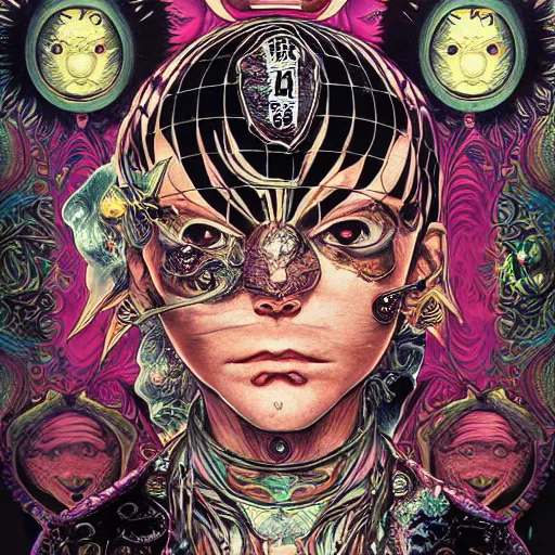 Prompt: portrait of crazy fortune teller, symmetrical, by yoichi hatakenaka, masamune shirow, josan gonzales and dan mumford, ayami kojima, takato yamamoto, barclay shaw, karol bak, yukito kishiro