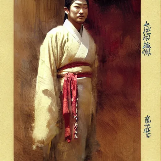 Prompt: a man wearing hanfu, muscular, painting by Gaston Bussiere, Craig Mullins
