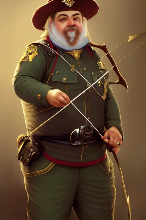 Prompt: a shifty fat high elf mall cop with a sheriff's badge holding a bow and arrow, Oil Painting, hyperrealistic, Detailed Digital Art, RPG portrait, 3/4 bust, William-Adolphe Bouguereau, Michael Cheval, dynamic lighting, Highly Detailed, Cinematic Lighting, 8k, HD