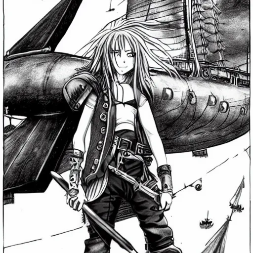 Prompt: sky-pirate with long red hair in front of a steampunk airship, vinland saga, anime style