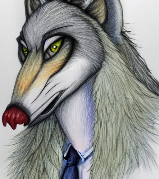 Image similar to expressive stylized master furry artist digital colored pencil painting full body portrait character study of the sergal wolf fursona animal person wearing clothes by master furry artist blotch