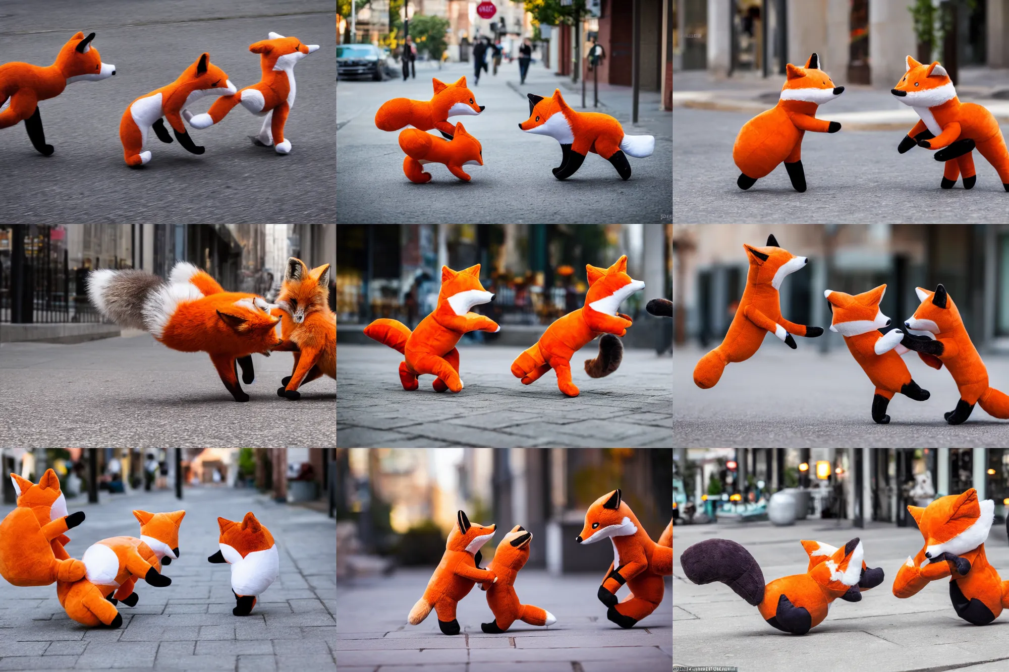 Prompt: Two fox plushies fighting and wrestling on the sidewalk, dynamic, motion blur, 1/4 shutter speed, award winning photography