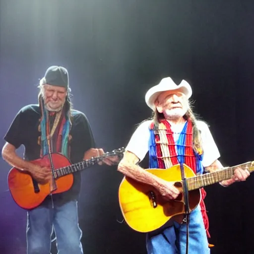 Image similar to willie nelson on stage, detailed, guitar. god rays through fog.