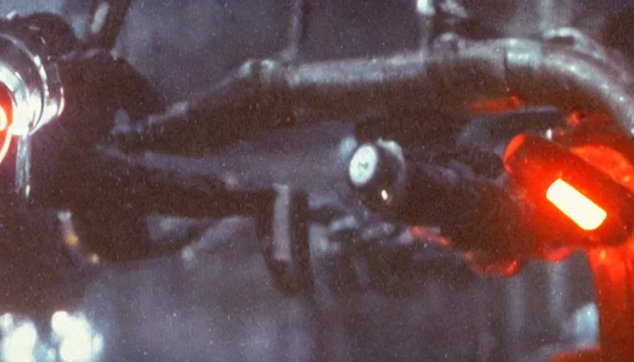 Image similar to Big budget horror movie, in an undersea lab, a squid fires a minigun at a cyborg