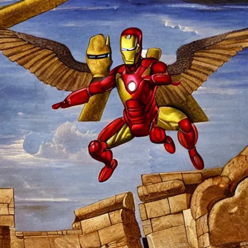 Image similar to hellenistic greece painting of ironman flying across the coliseum