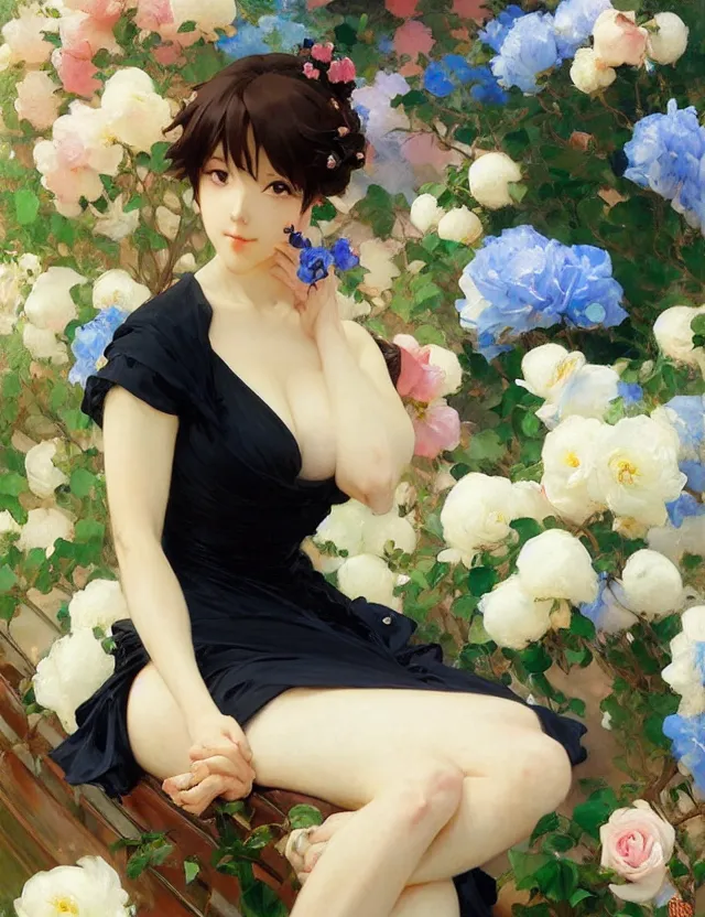 Prompt: beautiful anime woman in tight black dress sitting among blue roses, krenz cushart, mucha, by joaquin sorolla rhads leyendecker, by ohara koson