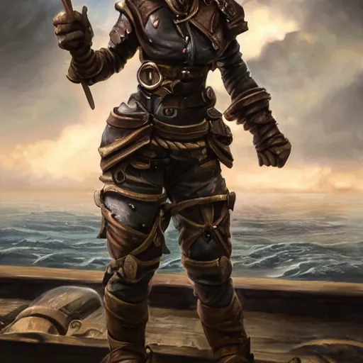 Image similar to full body portrait of a scrappy female gnome engineer with pixie undercut hair, one of her arms is a prosthetic metal thunder gauntlet, standing on a ship deck, naval background, fantasy, D&D, highly detailed, digital painting, HD, trending on ArtStation, dark fantasy, great composition, concept art, matte, sharp focus, illustration, by Greg Rutkowski