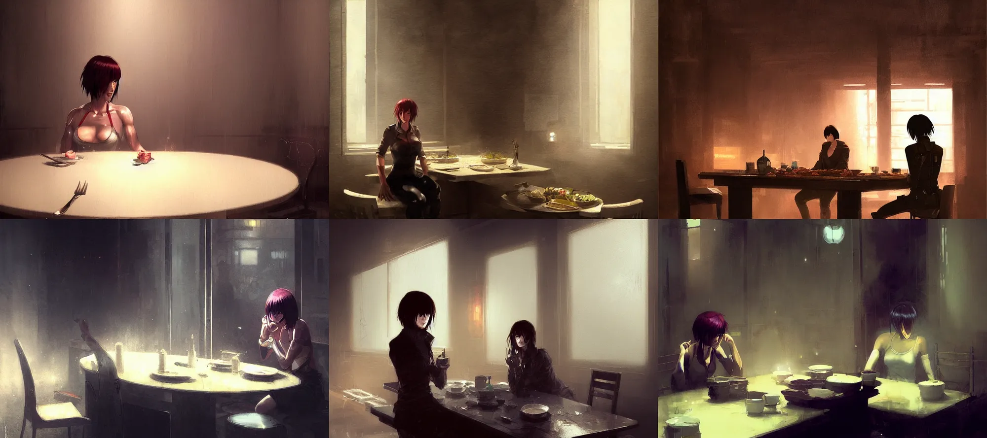 Prompt: motoko kusanagi silent hill eating dinner at a table in the backrooms happiness is temporary by greg rutkowski