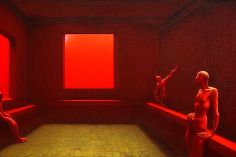 Image similar to only with red, crowd screaming, an exposed painting in a roman theater, in the style of beksinski, parts by edward hopper, parts by rodcenko, parts by yue minjun, intricate and epic composition, red by caravaggio, insanely quality, highly detailed, masterpiece, red light, artstation, 4 k