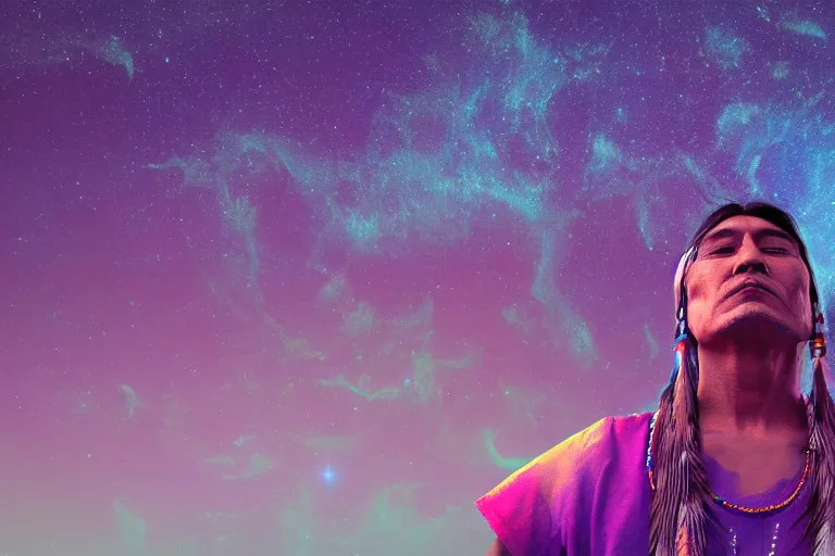 Image similar to photograph of a spiritual native american man looking up at the stars, art, universe, blender, pastel colors, synthwave, retro, cyberpunk,