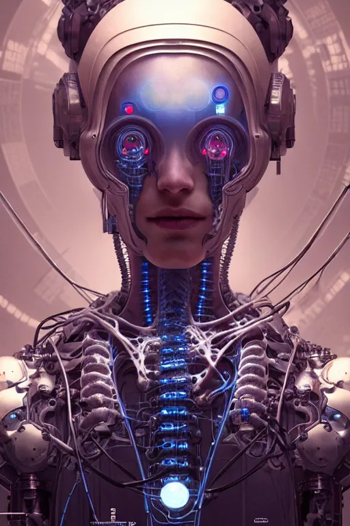 Image similar to ultra realistic, a cybernetic human nervous system is spread over a lab table, sci - fi, intricate details, eerie, highly detailed, octane render, 8 k, art by artgerm and alphonse mucha and greg rutkowski
