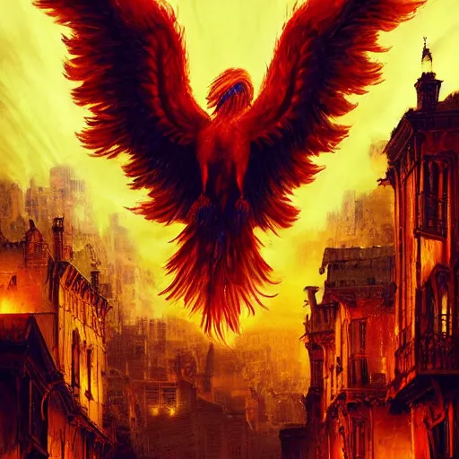Prompt: a brightly flaming phoenix spreading its majestic wing on the sky above a medieval city seen from the street, digital art, highly detailed, dark colors, moody lighting, 8 k, intricate, trending on artstation, by greg rutkowski