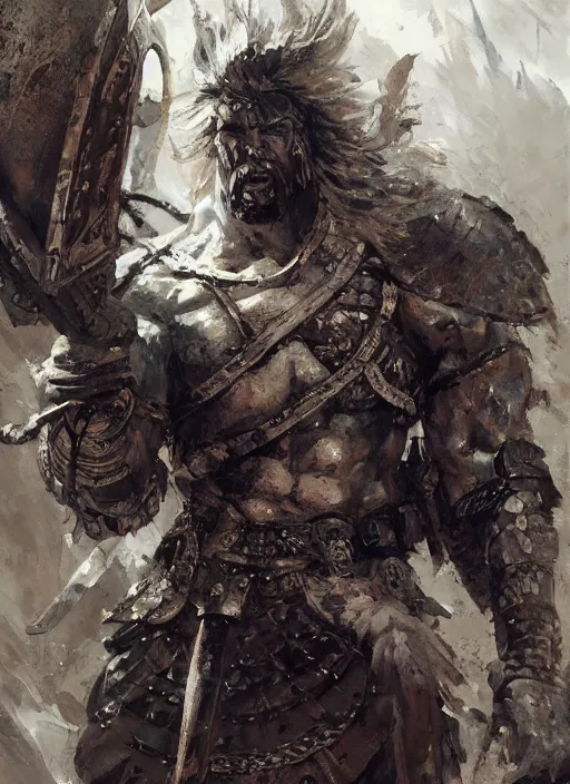 Image similar to ancient historically accurate depiction of the Bible Character Goliath of Gath, the Philistine warrior giant in ancient persian chainmail armor, dramatic lighting art by Yoji Shinkawa by Richard Schmid by greg rutkowski by Sandra Chevrier by Jeremy Lipking cinematic dramatic