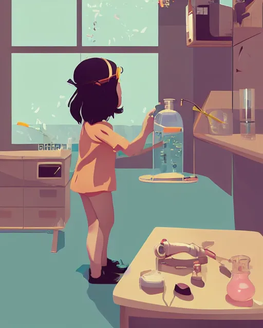 Image similar to a little girl is doing a science experiment. clean cel shaded vector art. minimalist illustration art by lois van baarle, artgerm, helen huang by makoto shinkai and ilya kuvshinov, rossdraws