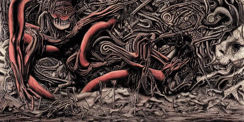 Image similar to Sega Mega Drive Genesis game of Twin Peaks in the style of H.R. Giger, Zdzislaw Beksinski, Junji Ito and Todd McFarlane