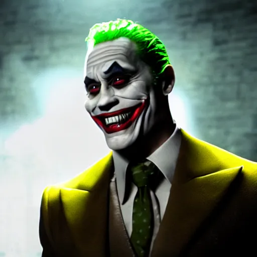 Prompt: the rock as the joker, movie still, d & d, fantasy, volumetric lighting, smooth lines, accurate, detailed