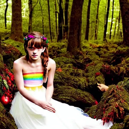 Image similar to emma watson as an elf wearing a long rainbow wedding gown sitting in a colorful forest