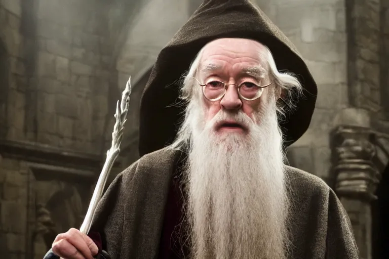 Image similar to film still of Ian McKellan as Albus Dumbledore in Harry Potter