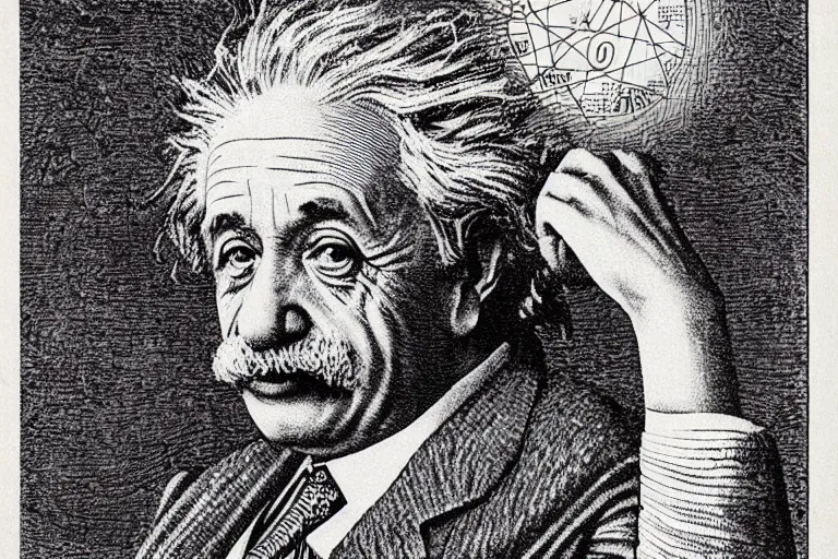 Image similar to an engraved portrait of albert einstein surrounded by intricate equations of theory of relativity, detailed!!! duotone engraving in the style of a postage stamp, freemason symbol, fine!!! lines, engraved by m. c. escher