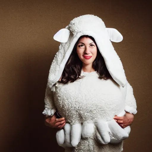 face portrait, woman age 2 0 in a puffy sheep costume,, Stable Diffusion