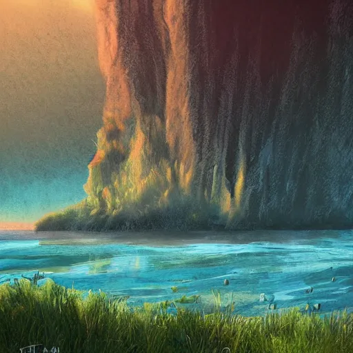 Prompt: artistic digital artwork of a lush natural scene on an alien planet. beautiful landscape by lurid ( 2 0 2 2 ). weird vegetation. cliffs and water. grainy and rough. interesting pastel colour palette. beautiful light. oil and water colour based on high quality render.