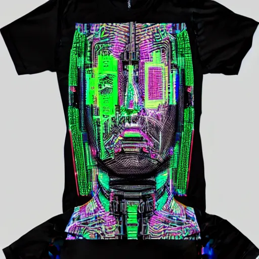 Image similar to mockup of a black tshirt with a hyperdetailed portrait of a cyberpunk robot by hajime sorayama, 8 k, symetrical, flourescent colors, happy trippy mood, multicolored,