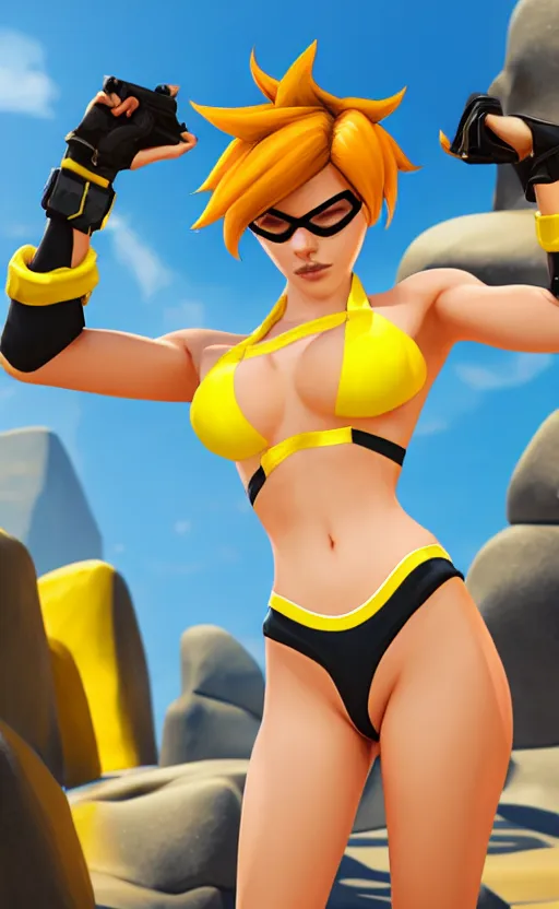 Image similar to tracer game character, in yellow bikini, blonde hair, black eyes, full height