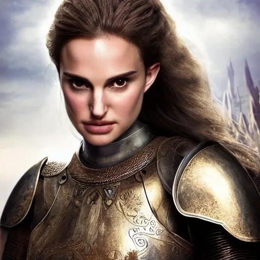 Prompt: head and shoulders portrait of a female knight, young natalie portman, elf, golden etched armor, game of thrones, eldritch, by artgerm, alphonse mucha, silken hair, etched breastplate, sharp focus, high key lighting, vogue fashion photo