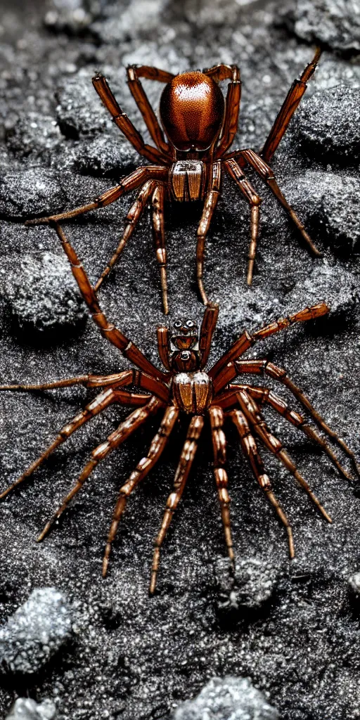 Image similar to professional photo shot of an alien spider made of silica crystal spikes, melted with rocks in the background, microscopic picture, grimy, gritty, trending on artstation, award winning, close shot, by aleks labuda and barry webb