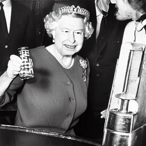 Image similar to Queen Elizabeth drinking beer from a shoe