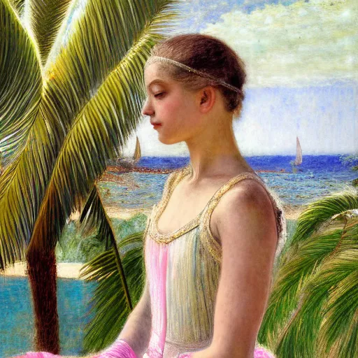 Image similar to a ultradetailed beautiful painting of a ballerina in the amazonas palace balustrade designed by jules bastien - lepage, hans belmer, frank weston and gustave baumann, beach, trending on artstation, mediterranean, palm trees, refracted color sparkles, sharp focus, soft light, 8 k 4 k