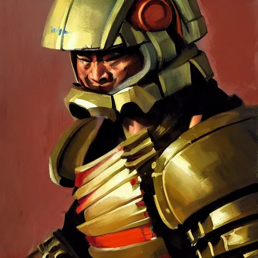 Image similar to greg manchess portrait painting of samurai as doomguy, medium shot, asymmetrical, profile picture, organic painting, sunny day, matte painting, bold shapes, hard edges, street art, trending on artstation, by huang guangjian and gil elvgren and sachin teng