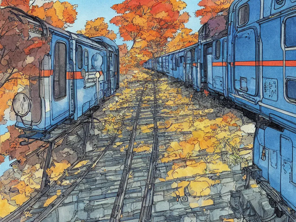 Prompt: blueprint sideview of a anime train, illustration, concept art, autumn light, colorful, beautiful, inspired by studio ghibli, inspired by hayao miyazaki, manga, cute and adorable