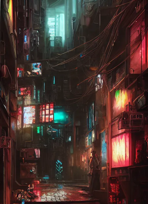 Prompt: airbrushed painting of a cyberpunk alleyway, stunning, featured on artstation, cinematic lighting, hyperdetailed, cgsociety, 8k, dramatic, dark atmosphere, alluring