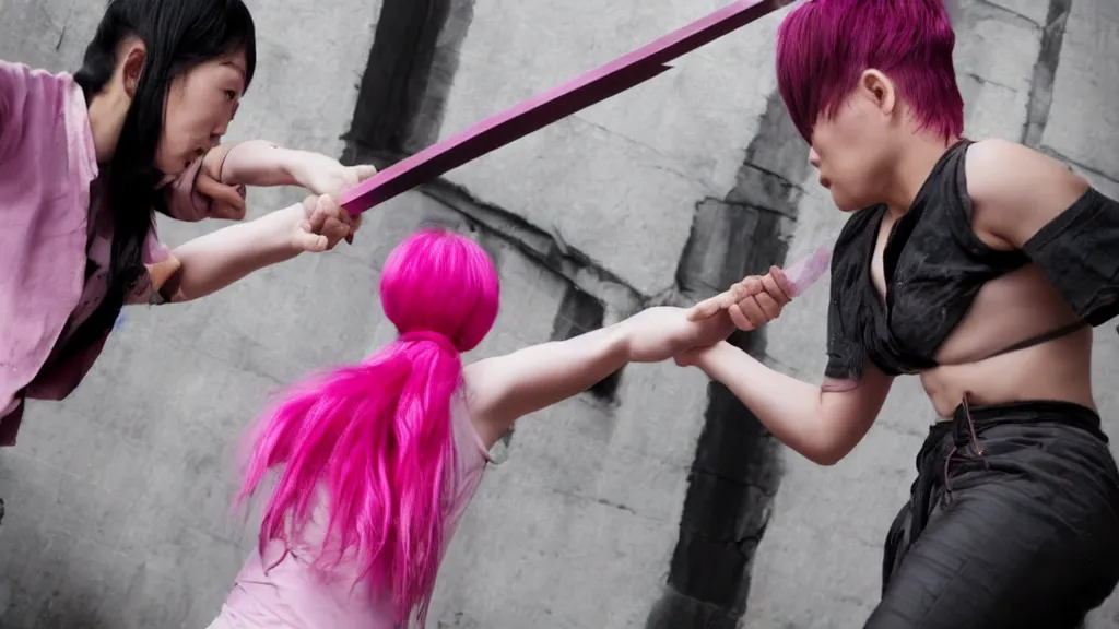 Image similar to person with pink hair and a knife fighting an asian person with chopsticks, cinematic, 4 k