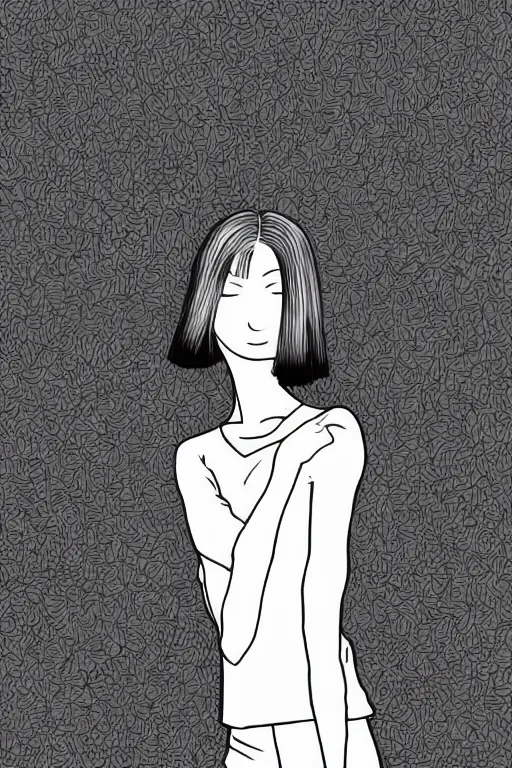 Image similar to portrait of a girl in long pants and a top, hands in pockets, eyes closed, bob haircut, digital art, black and white, illustration by junji ito