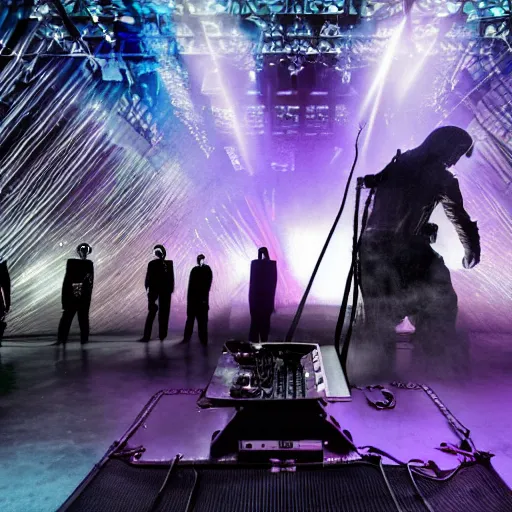 Image similar to dusty Trent Reznor smashing guitars, group of people on stage playing instruments, elaborate stage effects, dust, smoke, giant LED screens, colored projections, ultrafine detail, goth cybersuit, glowing thin wires, smoke, high contrast, projections, a screenshot by David Gilmour Blythe, holography, tesseract, volumetric lighting, anamorphic lens flare